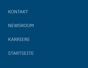 Der untere Teil der Menüleiste umfasst Kontakt, Newsroom, Karriere und einen Link zur Startseite